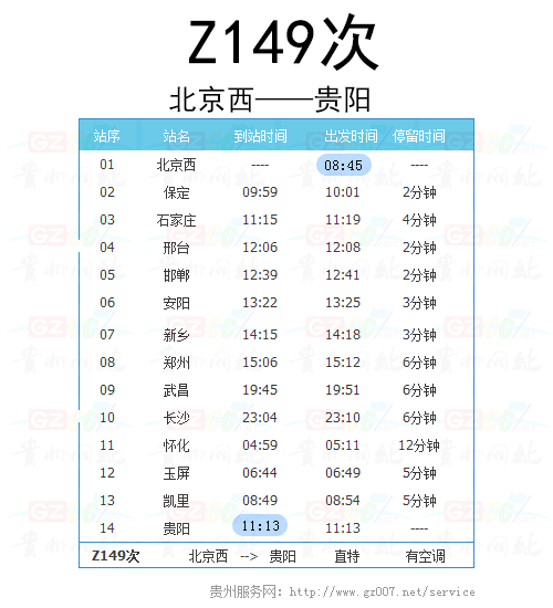 直特列車(chē)Z149次時(shí)刻表