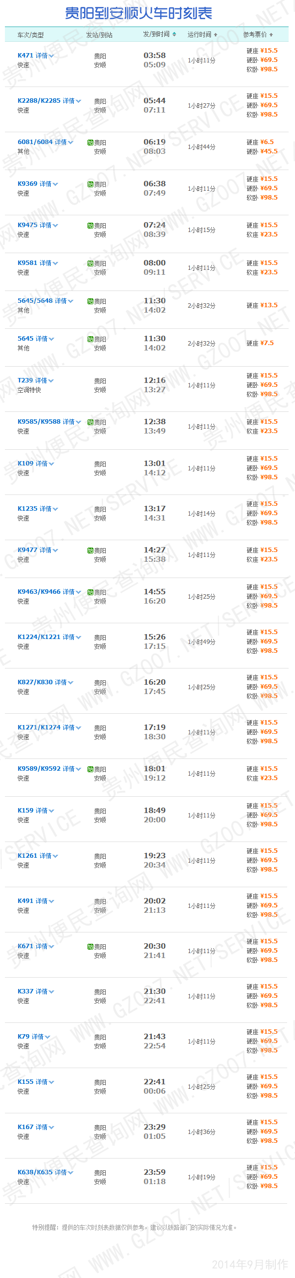 貴陽至安順列車時(shí)刻表